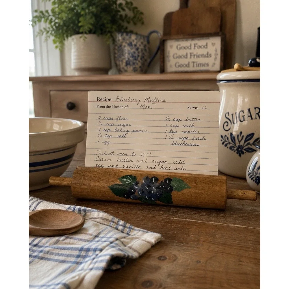 Vintage Wooden Recipe Card Holder Rolling Pin Blueberries Country Farmhouse 8